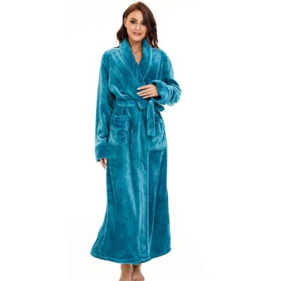 Peignoir d'hiver en polaire femme turquoise extra-long