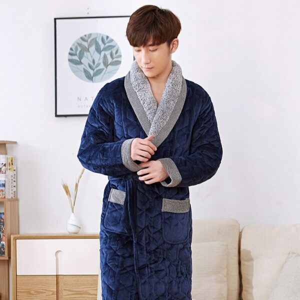 Peignoir bleu à col duveteux de luxe Peignoir matelass en velours et coton trois couches pour Homme Kimono pais grande taille Peignoir chaud 1
