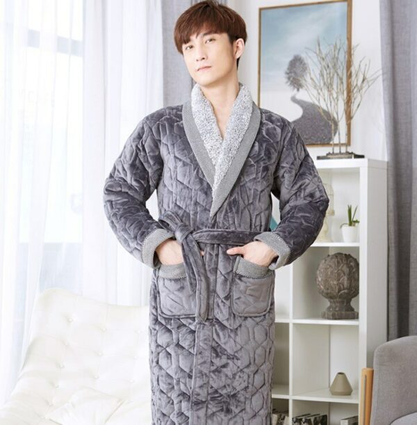 Peignoir gris à col duveteux de luxe Peignoir matelass en velours et coton trois couches pour Homme Kimono pais grande taille Peignoir chaud