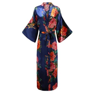 Peignoir kimono long bleu à imprimé floral pour femme