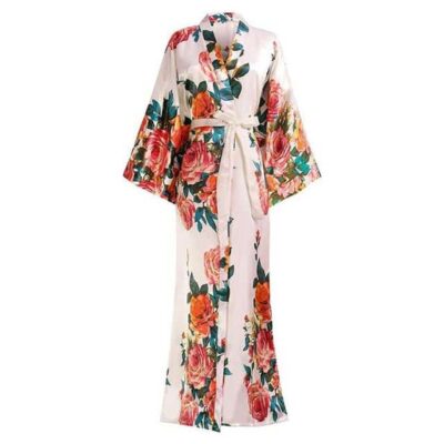 Peignoir kimono long rose à imprimé floral pour femme