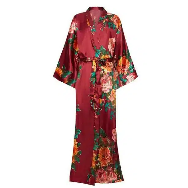 Peignoir kimono long rouge à imprimé floral pour femme Robe de nuit longue imprim floral rose nouveaut col en v v tements de nuit