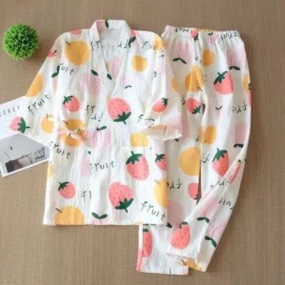Pyjama kimono japonais à imprimé fraise et abricot pour femmes