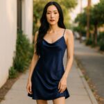 Peignoir robe de nuit dessous de kimono pour femme portée par une jeune femme brune avec en arrière-plan le décor d'une rue.