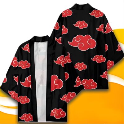 peignoir kimono noir avec des nuages rouges inspirés de l'univers naruto, vu de face et de dos