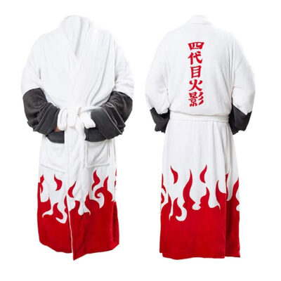 peignoir vue de face et de dos, blanc avec des flammes rouges sur le bas, des manchons noires et une inscription en japonais rouge dans le dos