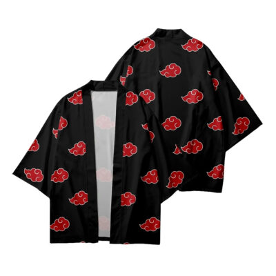 peignoir kimono noir avec des nuages rouges inspirés de l'univers naruto, vu de face et de dos