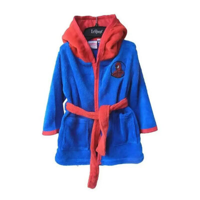 Peignoir bleu avec une capuche et une ceinture rouge et la tête de spiderman sur le torse